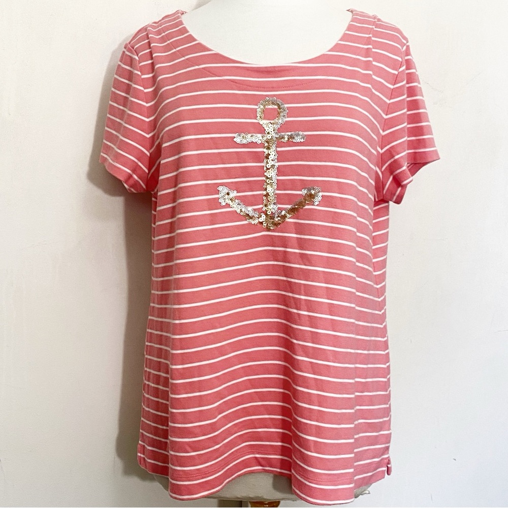 Croft & Barrow 100% Cotton Coral Pink Striped Anchor Sequin Women's Knit Top XL